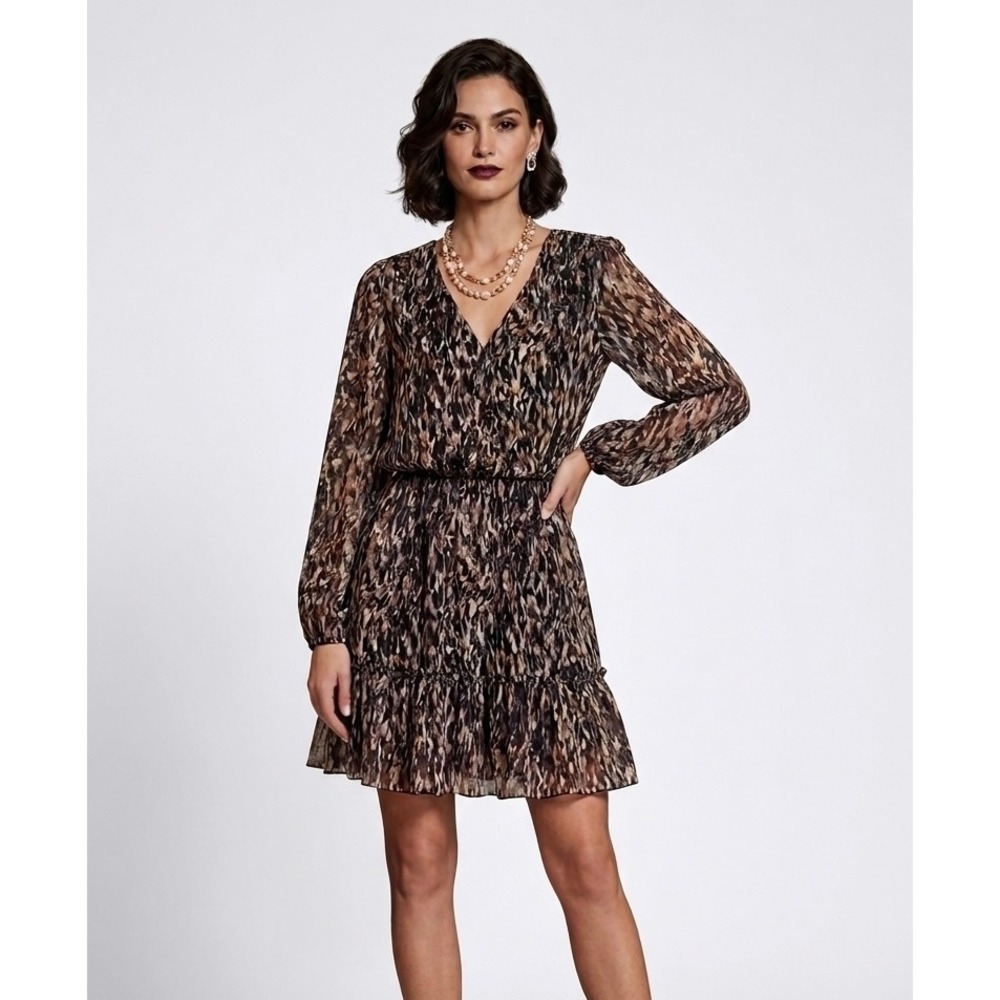 Evereve Mini Dress Abstract V-Neck Long‎ Sleeve Metallic Gold Brown Small